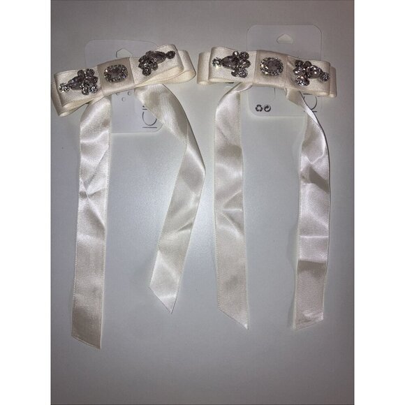 Icing 2 Piece Hair Ivory Rhinestone Studded Satin Long Tail Hair Bow Clip - Picture 1 of 4